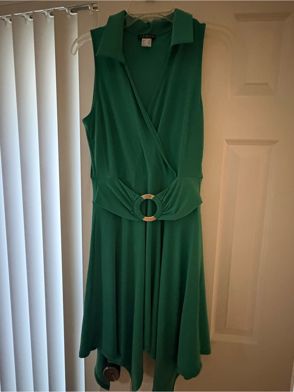 VENUS Green Sleeveless Asymmetrical Wrap Dress with Waist Ring